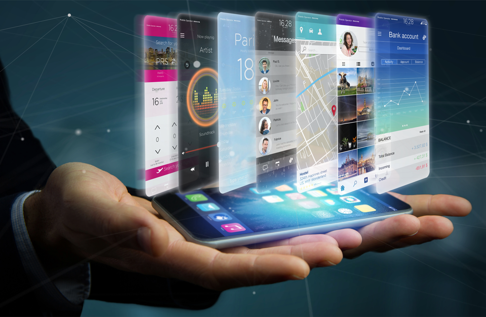 Man holding mockups of mobile apps in his palm
