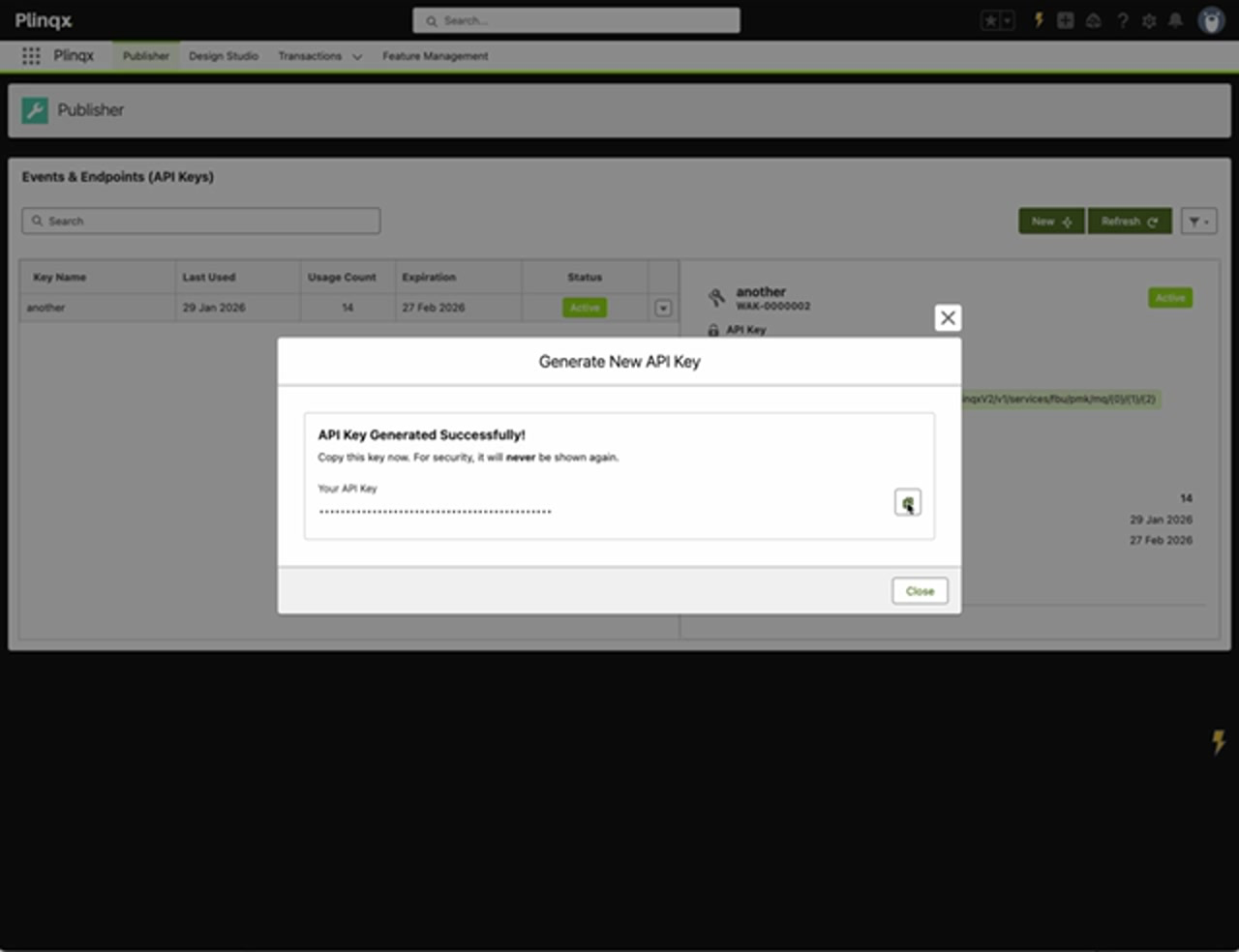API Key generated successfully