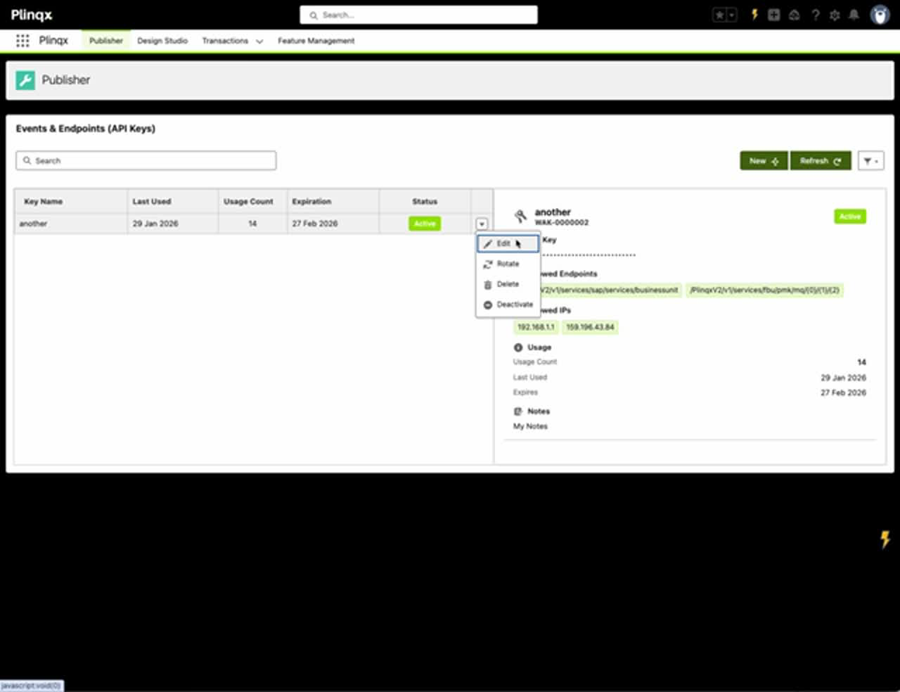 API Key details panel