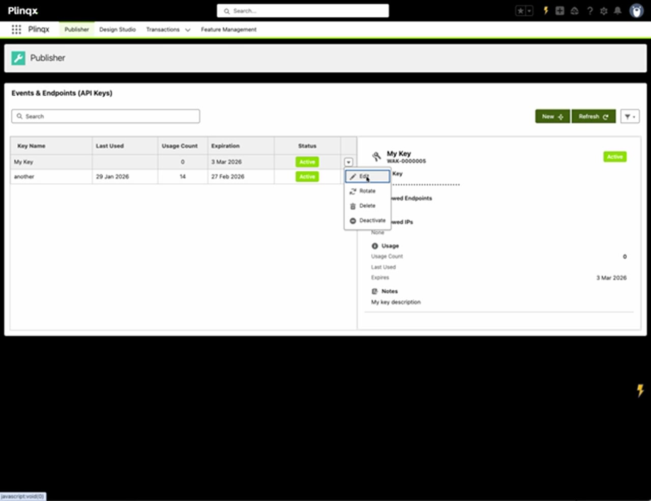 API Key actions menu