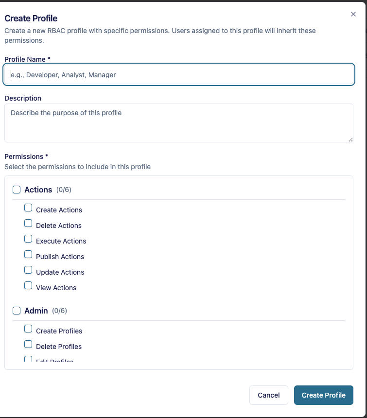 Create Profile dialog showing grouped RBAC permission checkboxes for Actions and Admin