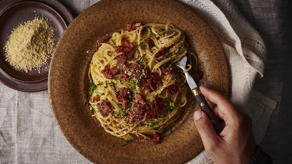 Krämig vegetarisk Spaghetti Carbonara