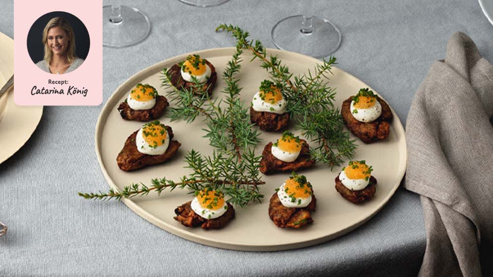 Friterad jordärtskocka med hängd gräddfil och löjrom