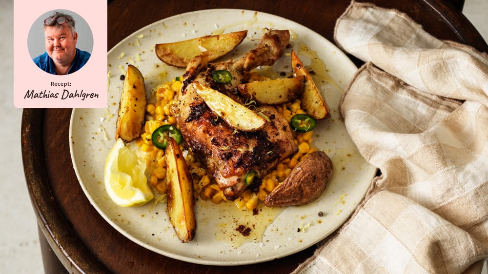 Citronstekt kycklinglår, stuvad majs och rostad potatis