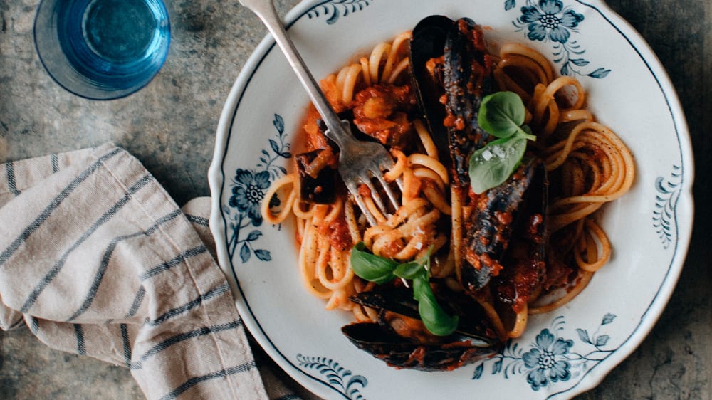 Spaghetti alla Norma med blåmusslor