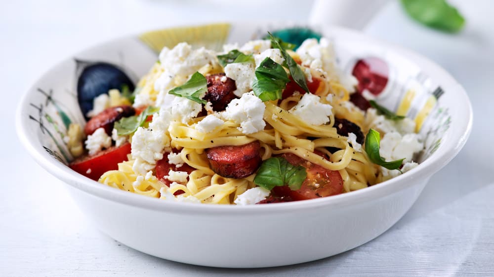 Spaghetti med chorizo och fetaost