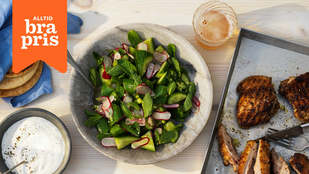 Krispig gurksallad, grillad kyckling och vitlöksyoghurt i pitabröd