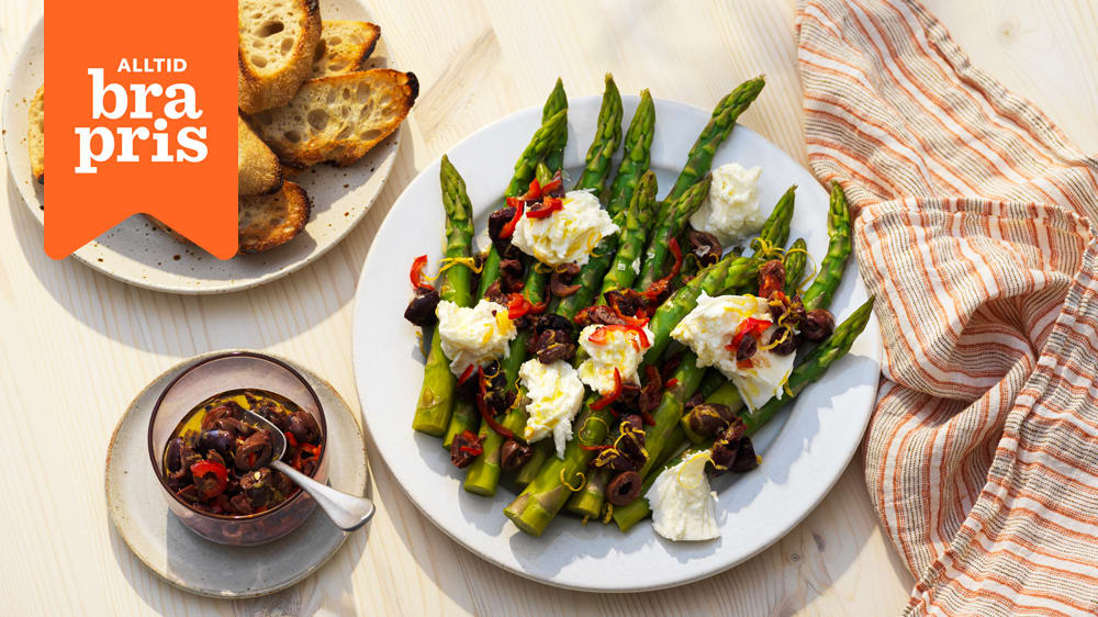 Sparris med oliver, chili och mozzarella