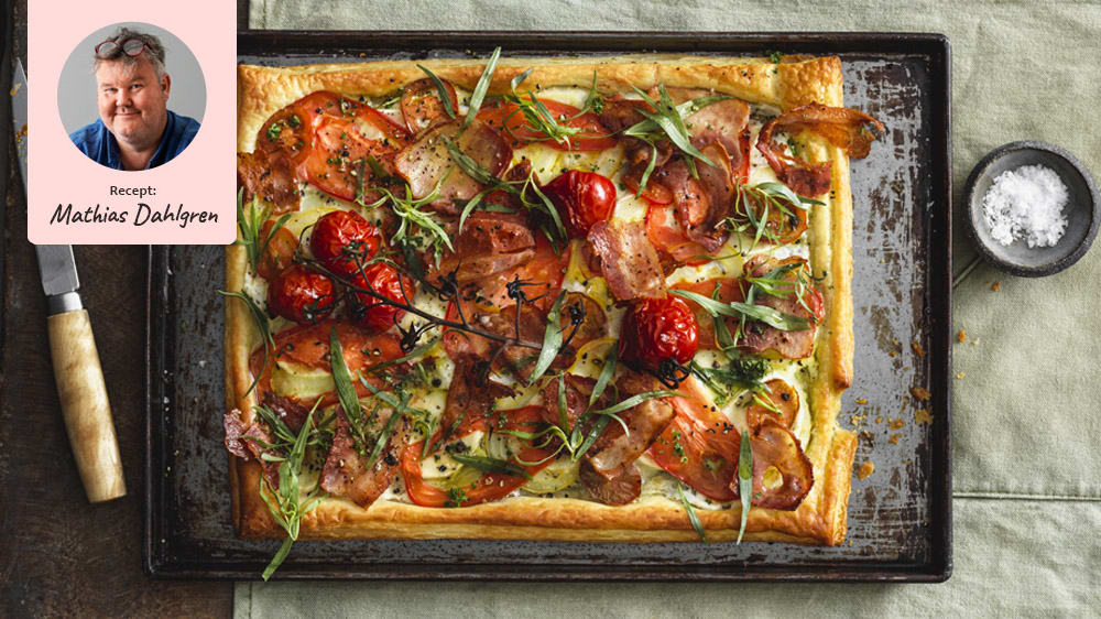 Tomattarte med getost, bacon och dragon