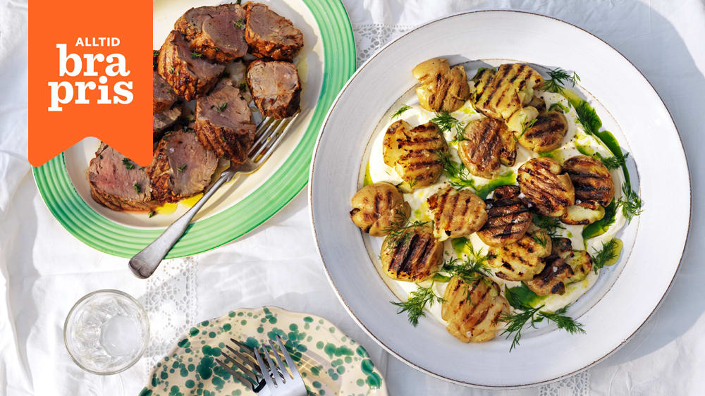 Grillad färskpotatis med fläskfilé och dillolja