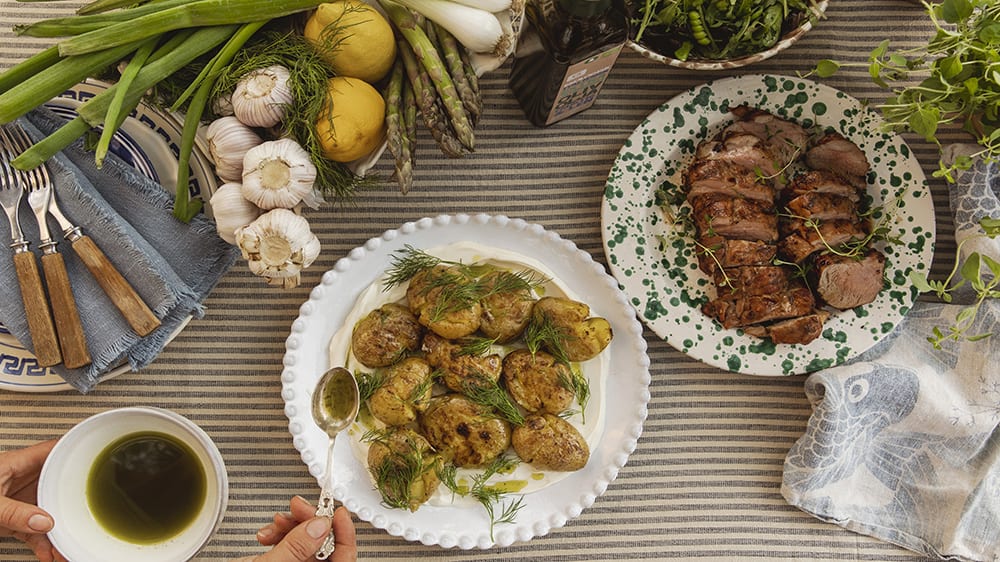 Grillad färskpotatis med fläskfilé och dillolja