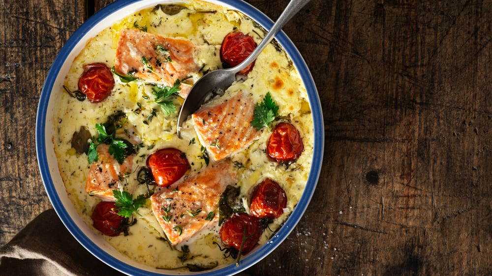 Fiskfilé i ugn med krämig spenatsås