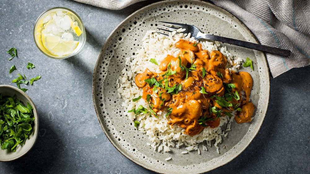 Svamp- och bönstroganoff med grönt