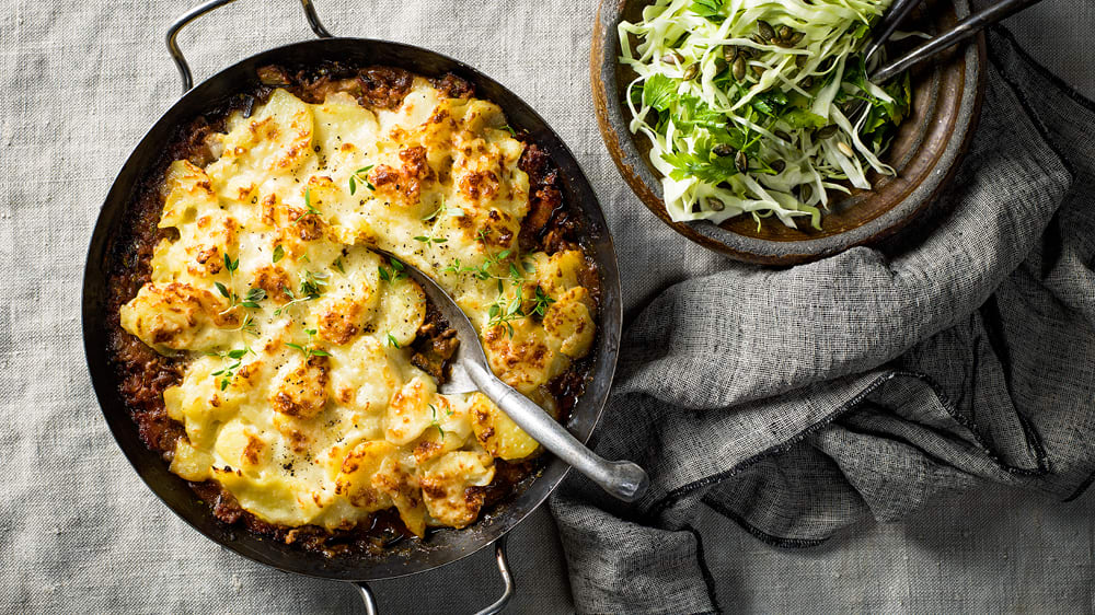 Snabb moussaka med potatisgratäng
