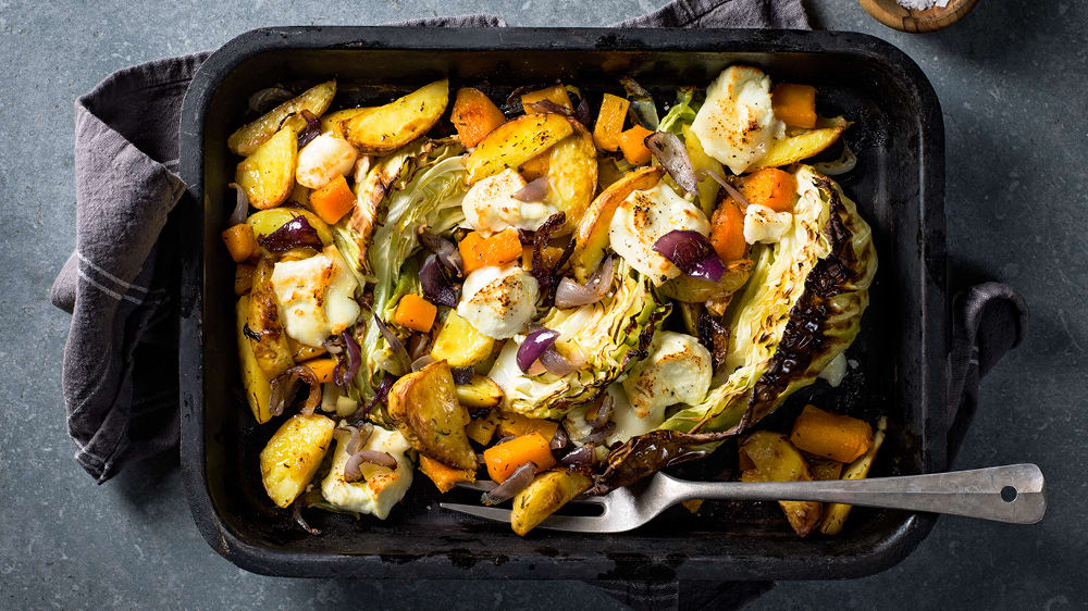 Plåtmiddag med butternutpumpa och chèvre