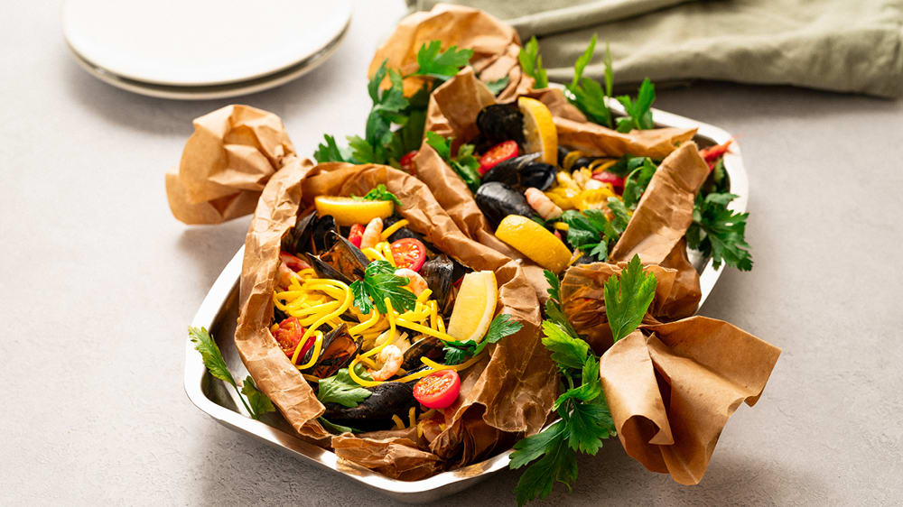 Skaldjurspasta i paket