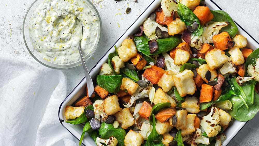 Halloumipytt med sötpotatis