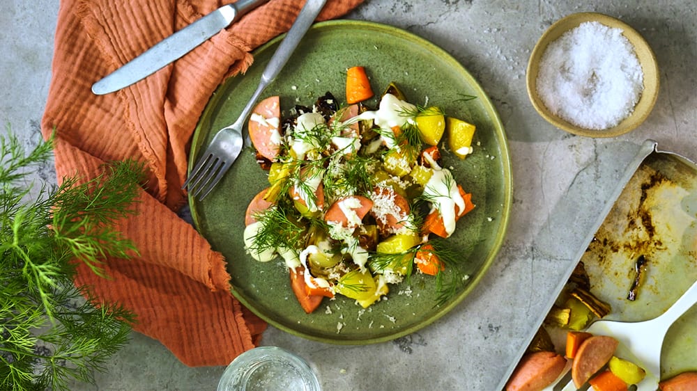 Plåtpytt med falukorv och pepparrot