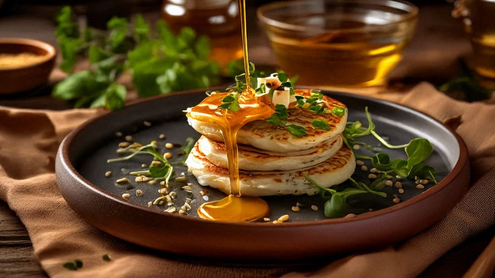 Fyra rätter – samma ingredienser: Feta- och örtpannkakor med honungsdressing