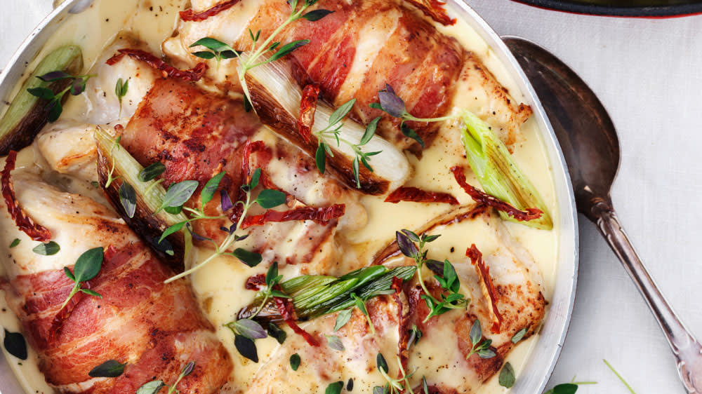 Kycklingrullader med getost & rostad vårlök