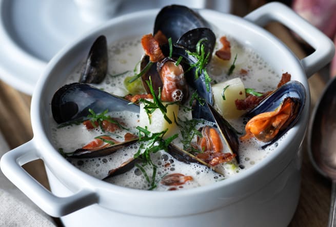 Clam chowder på blåmusslor