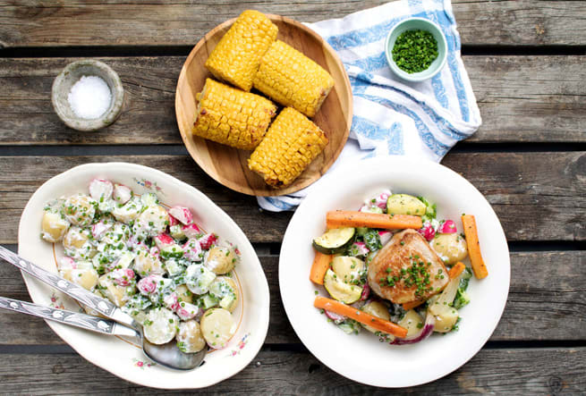 Fläskytterfilé med potatissallad och rostade majskolvar