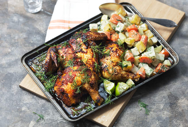 Curryglaserad majskyckling med kokosstuvade rotfrukter