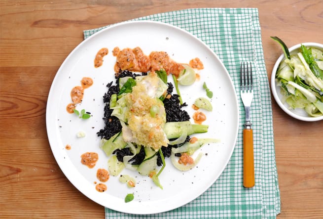 Torsk ”piccata milanese” med fänkål och zucchini