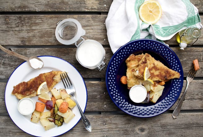 Fiskpanetter med citronsås och rostade rotfrukter