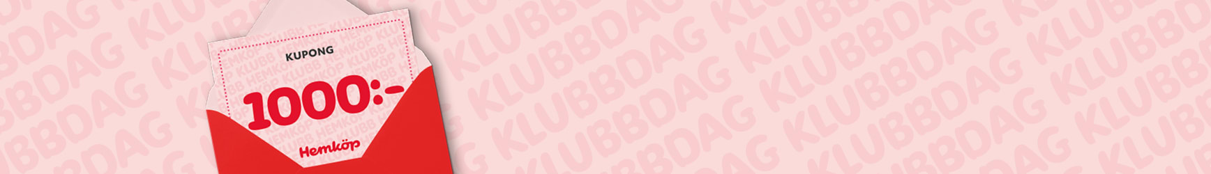 Ett rött kuvert där en rosa kupong från Hemköp till ett värde av 1000 kr sticker upp. Kuvertet ligger på en bakgrund med texten "Klubbdag".