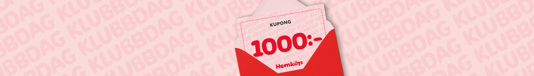 Ett rött kuvert sticker upp underifrån innehållande en kupong från Hemköp som sticker upp med valören 1000 kr  mot en rosa bakgrund med texten "Klubb Hemköp".