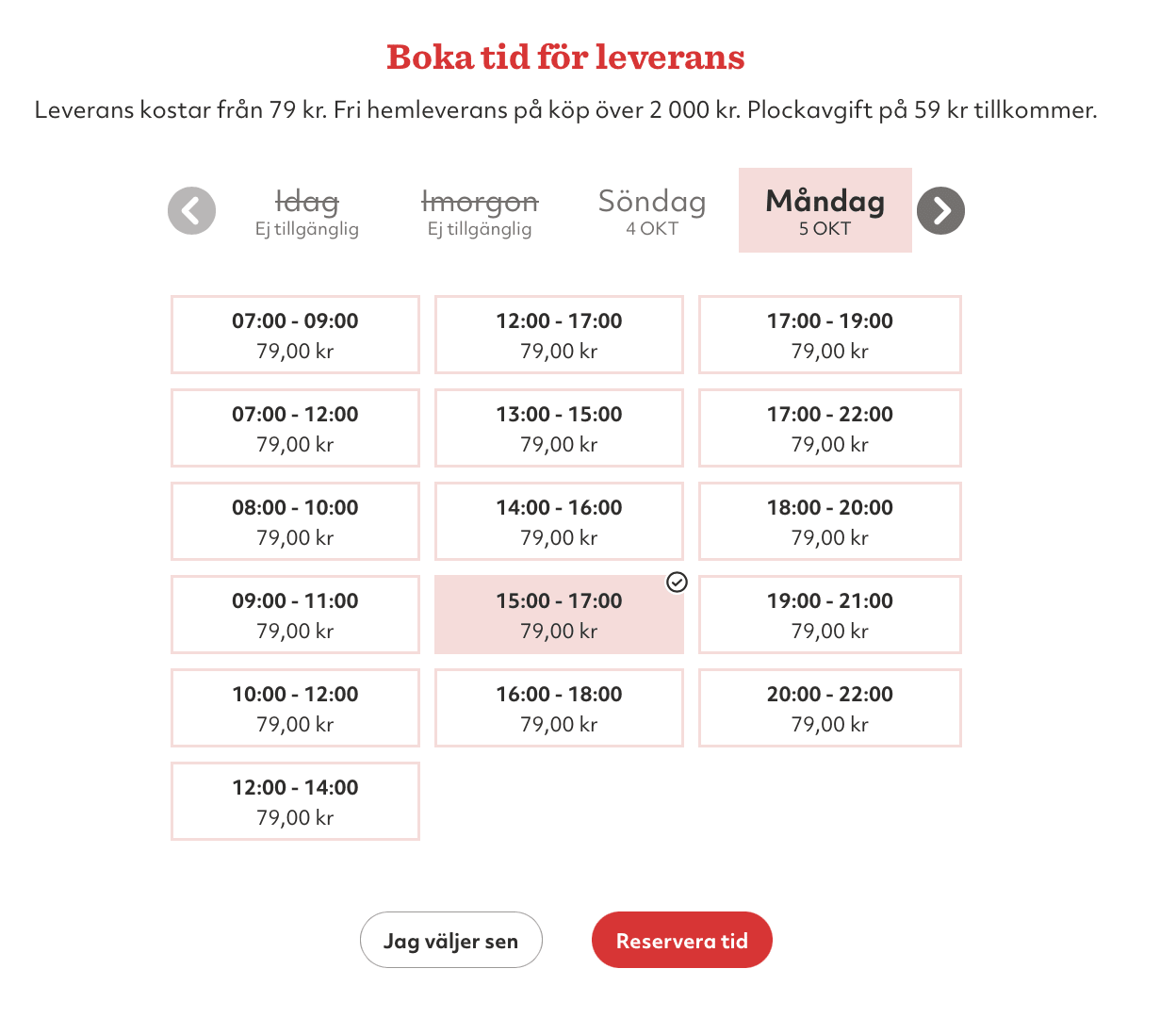 En bild på hur det ser ut när man bokar tid för leverans på Hemköp.se.