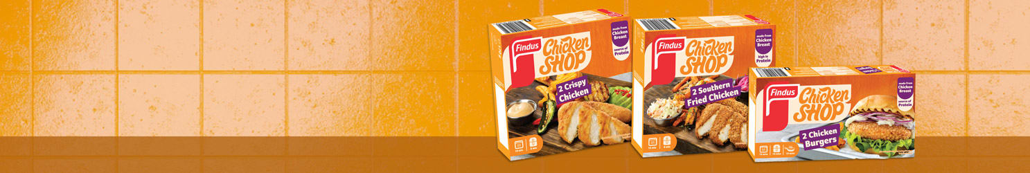 Findus Chicken Shop produkterna Crispy chicken, Southern fried chicken och Chicken burgers.
