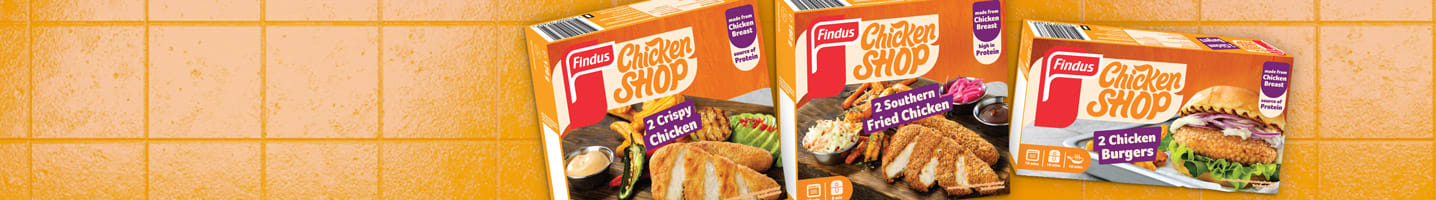 Findus Chicken Shop produkterna Crispy chicken, Southern fried chicken och Chicken burgers.