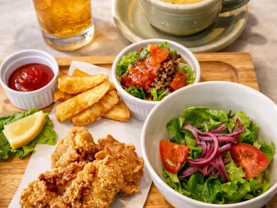 【Lunch】チキン＆チップス（Chicken&Chips)とミニタコライス　さらにドリンクスープサラダ付き！！！（おすすめメイン＋サラダ＋ドリンク）Lunch set