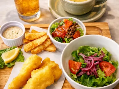 【Lunch】Fish＆Chipsとミニジャークチキンタコライス　さらにドリンクスープサラダ付き！！！【今日のランチセット】