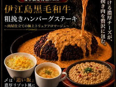 伊江島黒毛和牛粗挽きハンバーグステーキ〜肉屋仕立ての極上トリュフフロマージュ（ハンバーグ＆ライス・サラダ・スープセット）