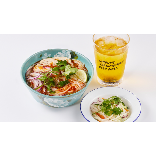 国産「生」米麺の大山鶏辛味フォー ・青パパサラダ・お茶セット-0