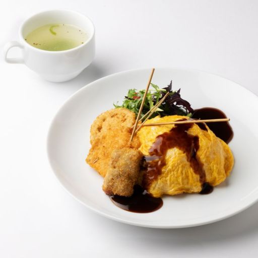 オムライス&串揚げ3種+野菜スープ/Omeletterice, 3 kinds Kushiage  and Soup-0