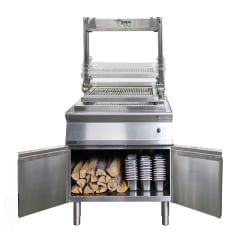 Asado wood fired grill image - open cupboard showing wood and GN pan storage