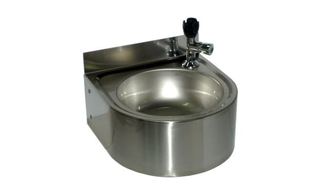 Stoddart Plumbing Stainless Steel Drink Fountain - Round Wall Mounted DF.R.WM. Bubbler installed on right of basin.