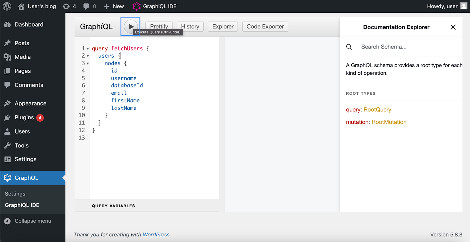 Executing a query operation through the graphiql editor
