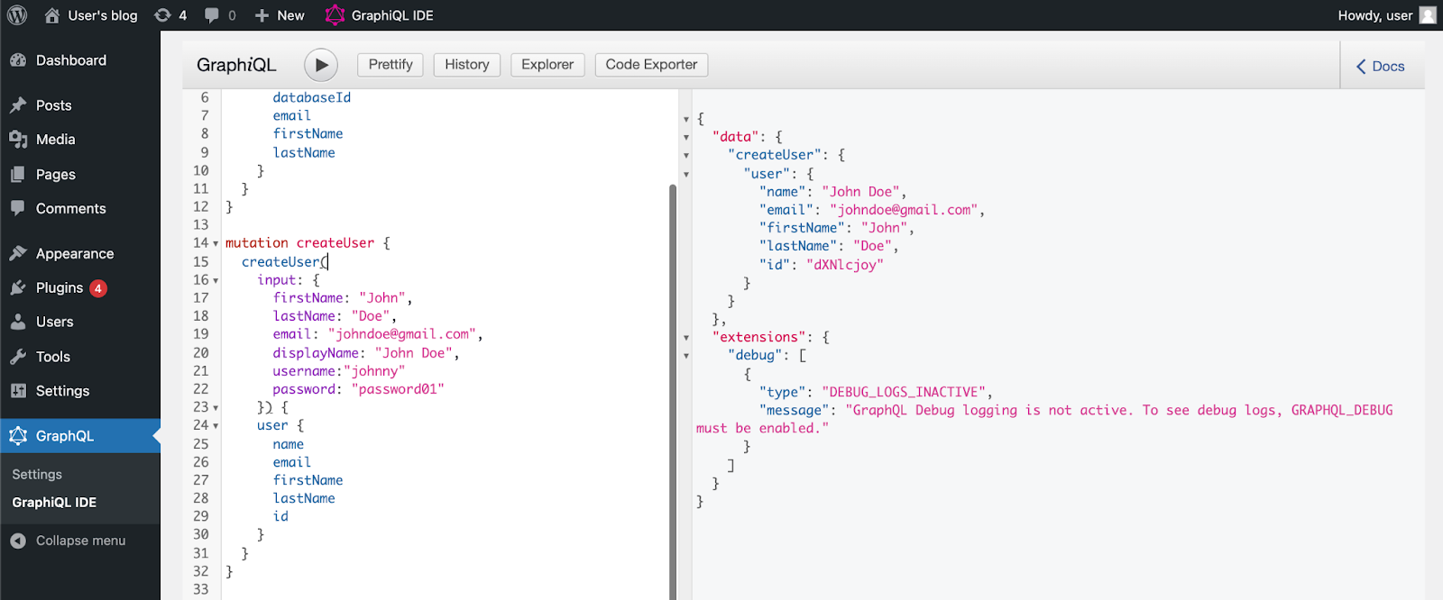 Executing a mutation operation through the graphiql playground