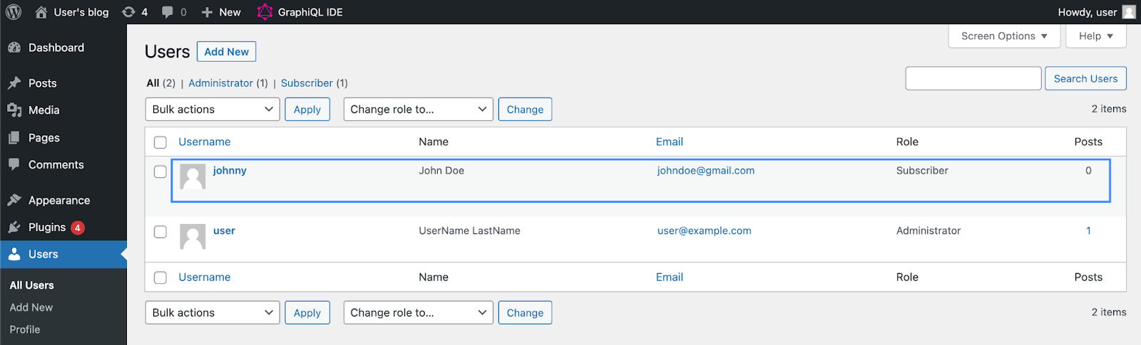 Viewing the newly created user within the wordpress application