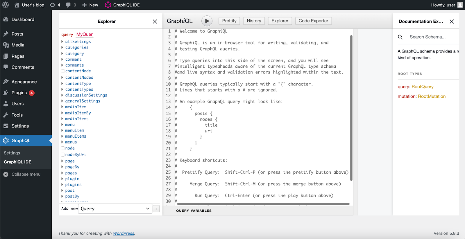 Viewing the Graphiql editor for the Wordpress application