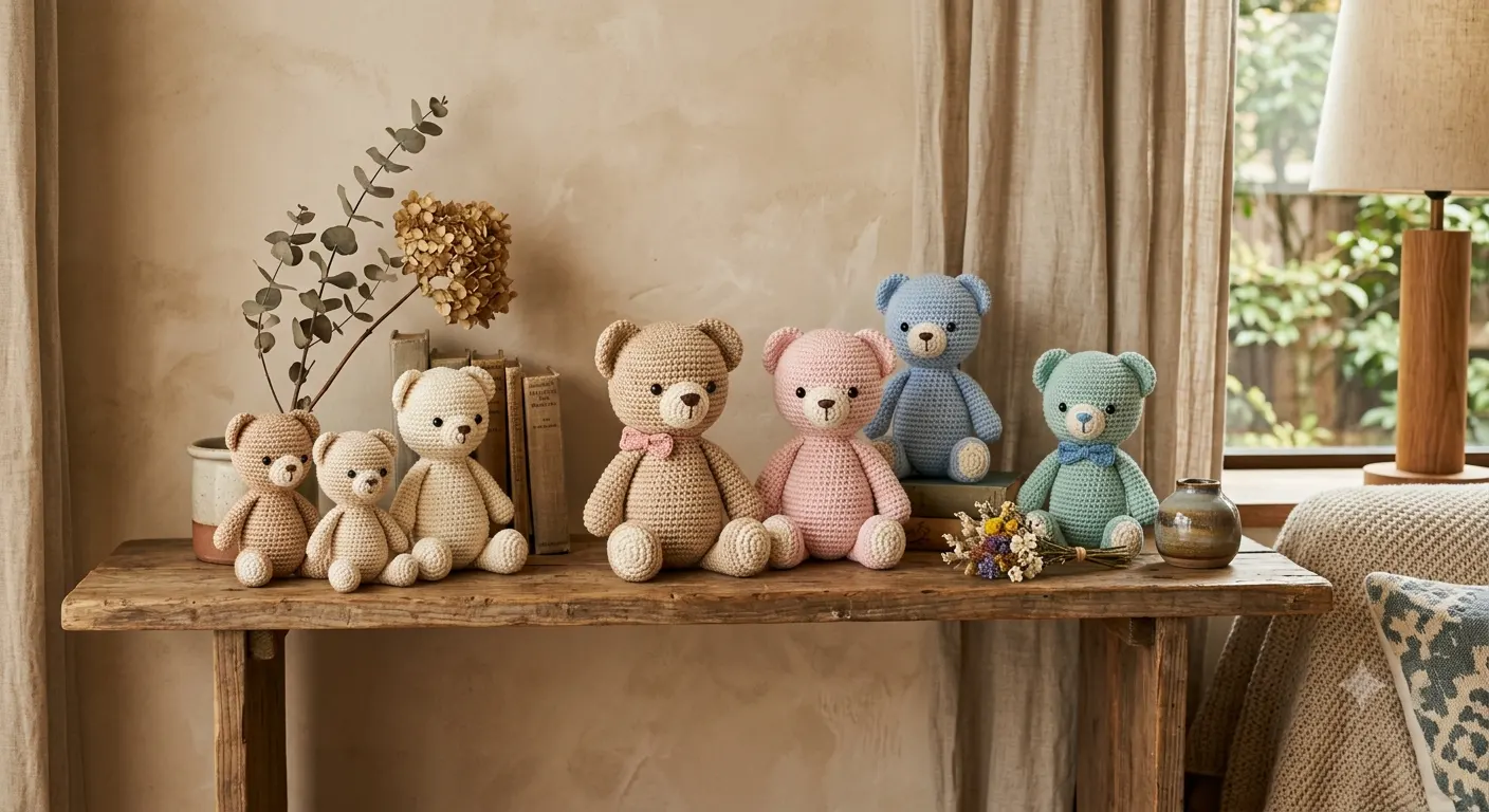 Những chú thú len handmade màu trung tính được trưng bày trên kệ gỗ
