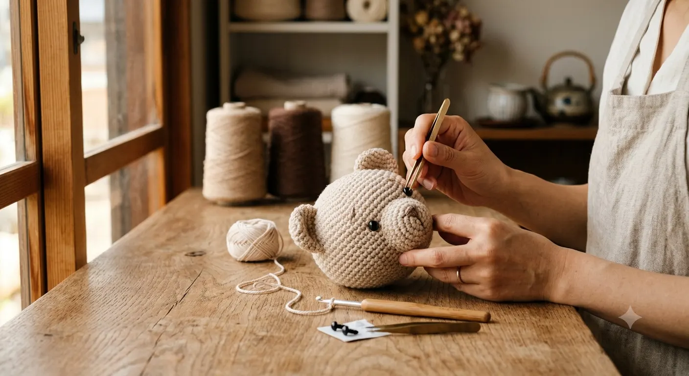 Điều chỉnh vị trí đôi mắt cho một chú thú len handmade