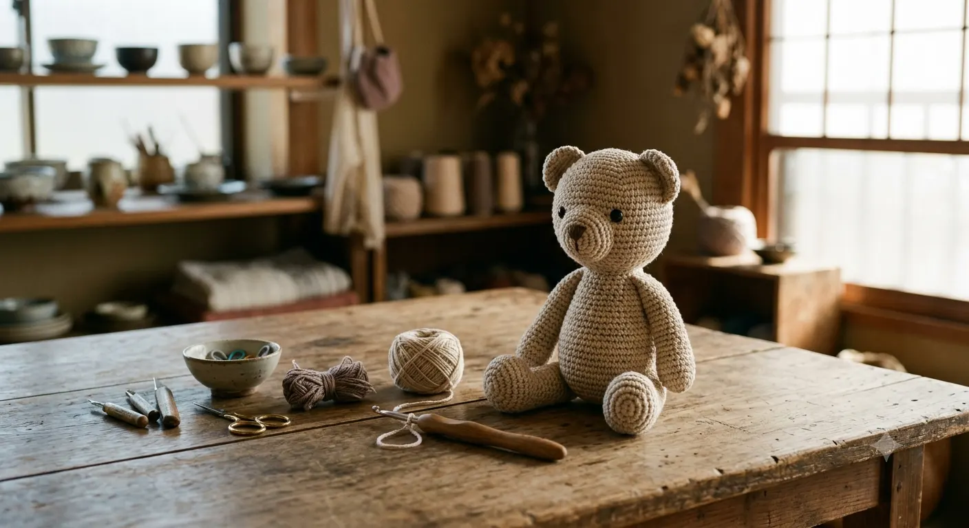 Chú gấu amigurumi handmade đã hoàn thành sau nhiều giờ làm thủ công