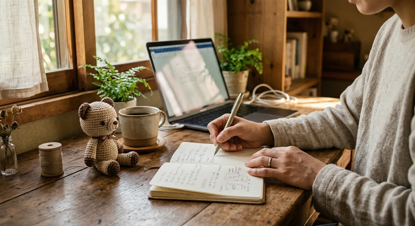 Chú thú len nhỏ xinh trên bàn làm việc của người trưởng thành