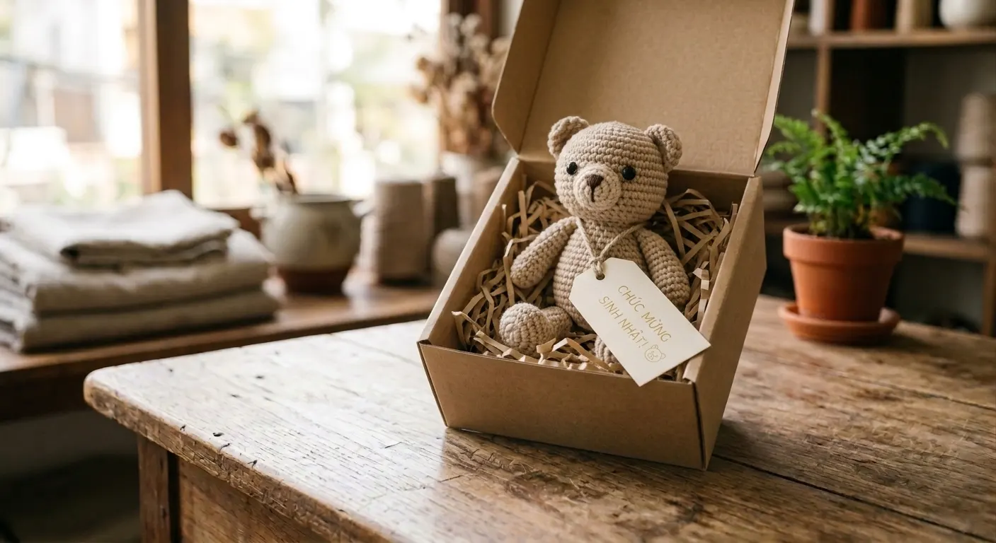 Chú gấu len handmade được gói đơn giản làm quà tặng